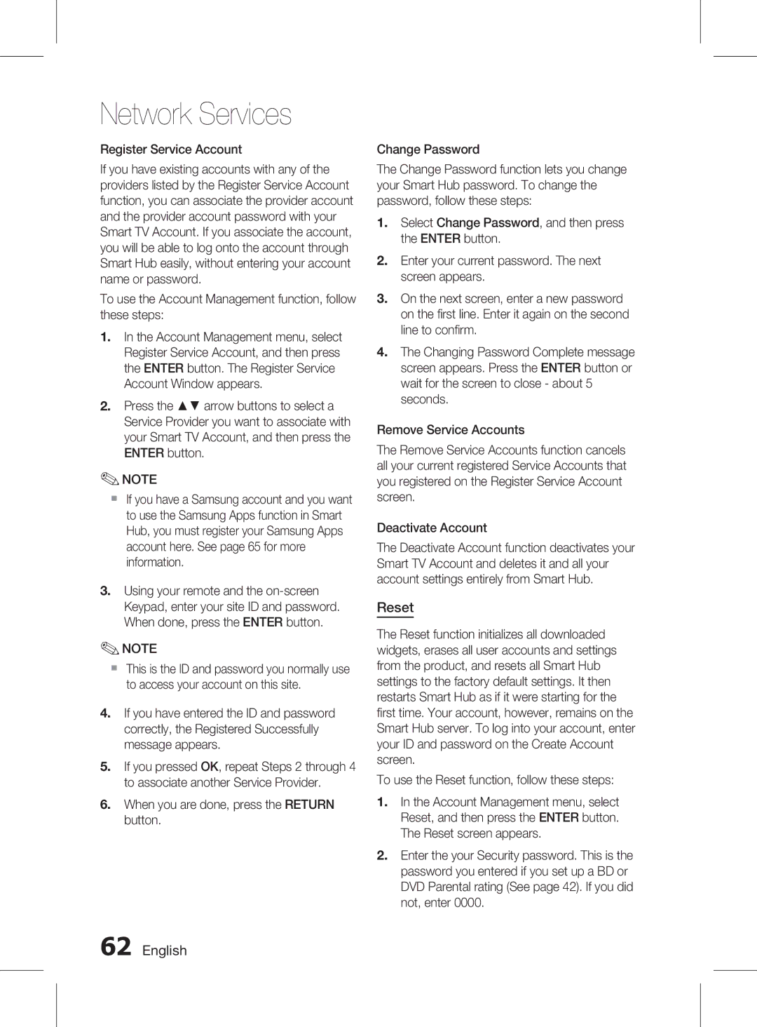 Samsung HT-D5150K/SQ manual Reset, Register Service Account, To use the Account Management function, follow these steps 