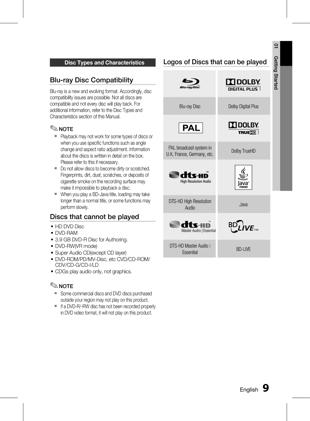 Samsung HT-D5150K/ZN Blu-ray Disc Compatibility, Discs that cannot be played, Logos of Discs that can be played, Dvd-Ram 