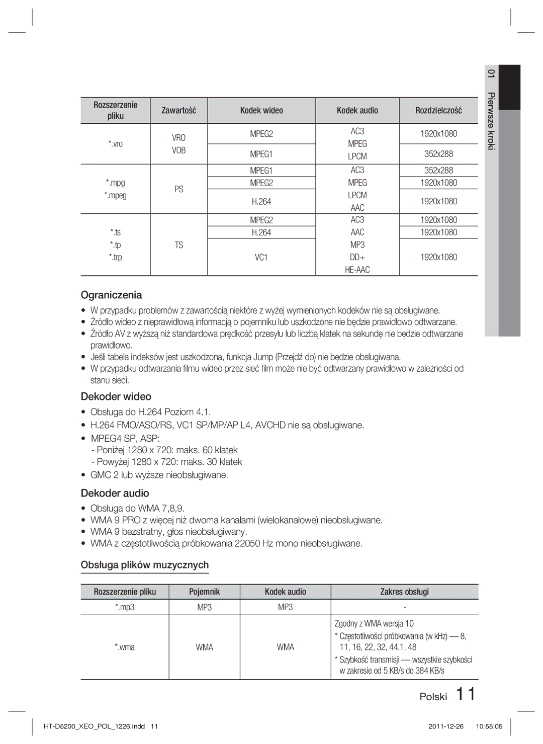 Samsung HT-D5200/EN manual Ograniczenia, Dekoder wideo, Dekoder audio, Obsługa plików muzycznych 