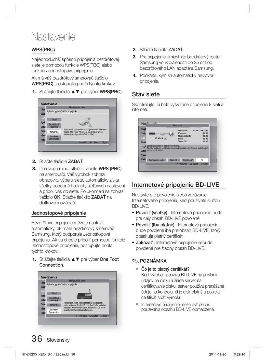 Samsung HT-D5200/EN manual Stav siete, Internetové pripojenie BD-LIVE, Jednostopové pripojenie 