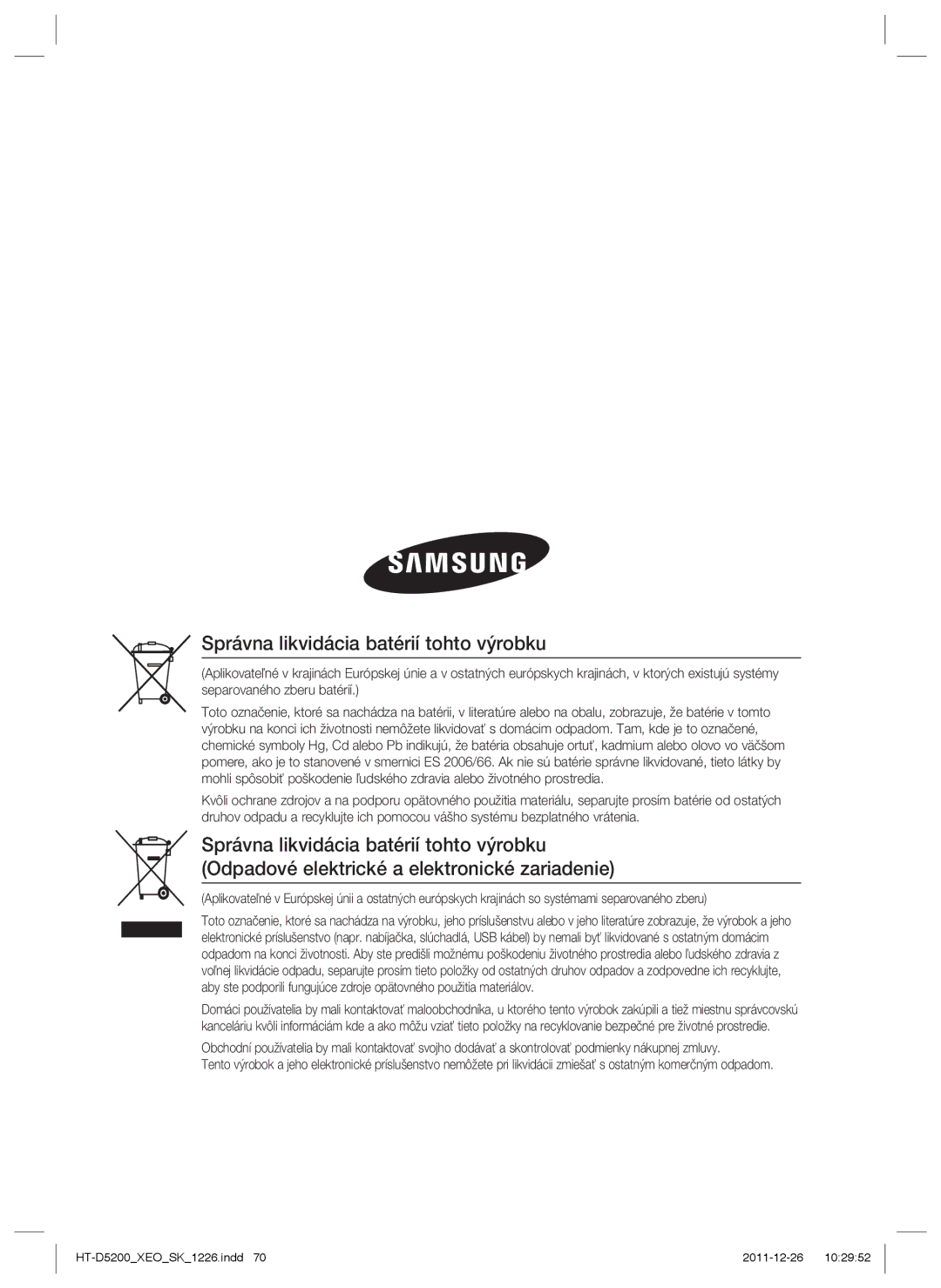 Samsung HT-D5200/EN manual Správna likvidácia batérií tohto výrobku 