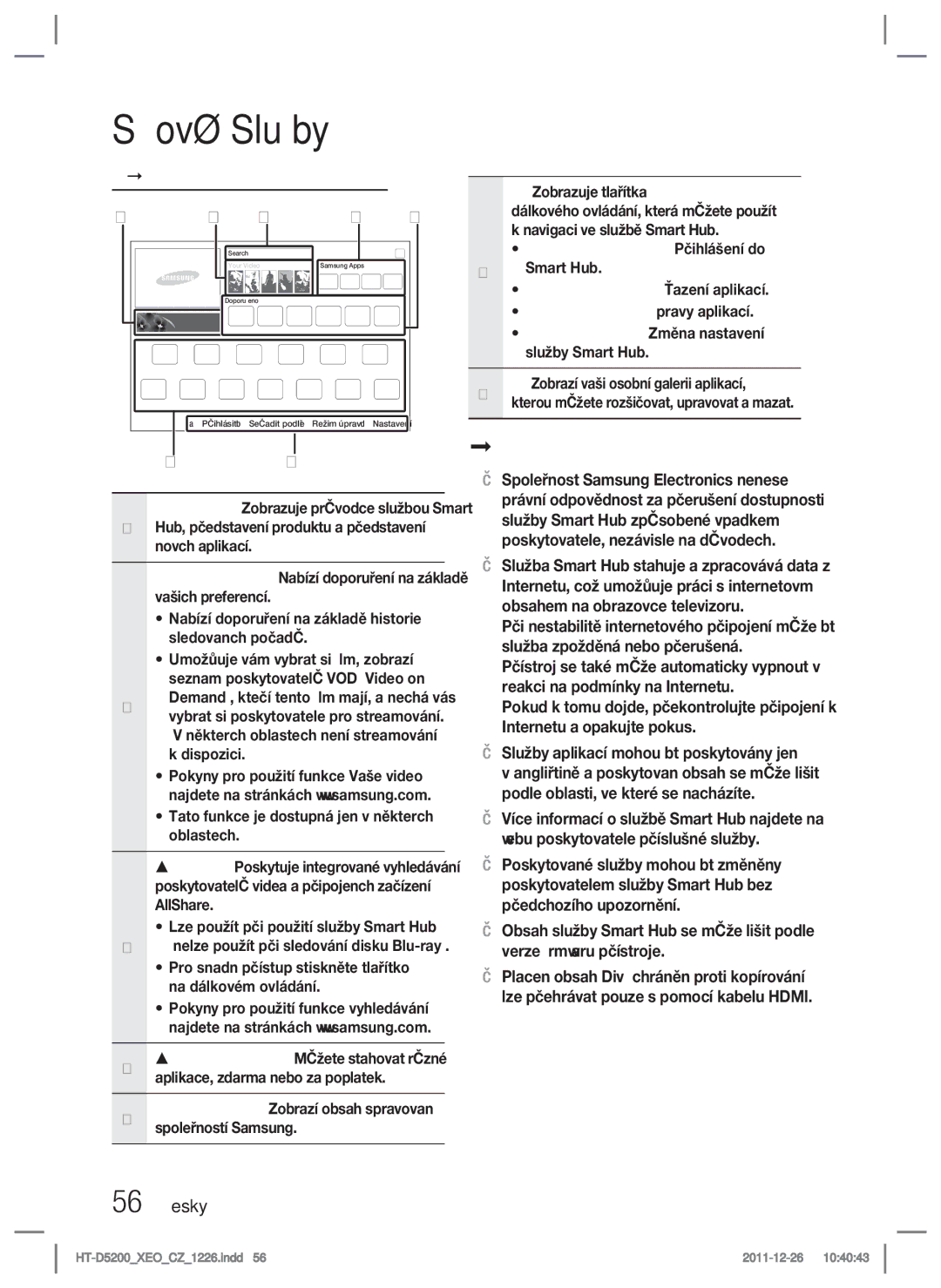 Samsung HT-D5200/EN manual Představení služby Smart Hub, 56 Česky, Doporučeno Zobrazí obsah spravovaný společností Samsung 