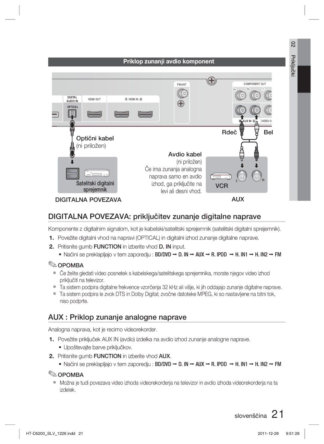 Samsung HT-D5200/EN manual Digitalna Povezava priključitev zunanje digitalne naprave, AUX Priklop zunanje analogne naprave 