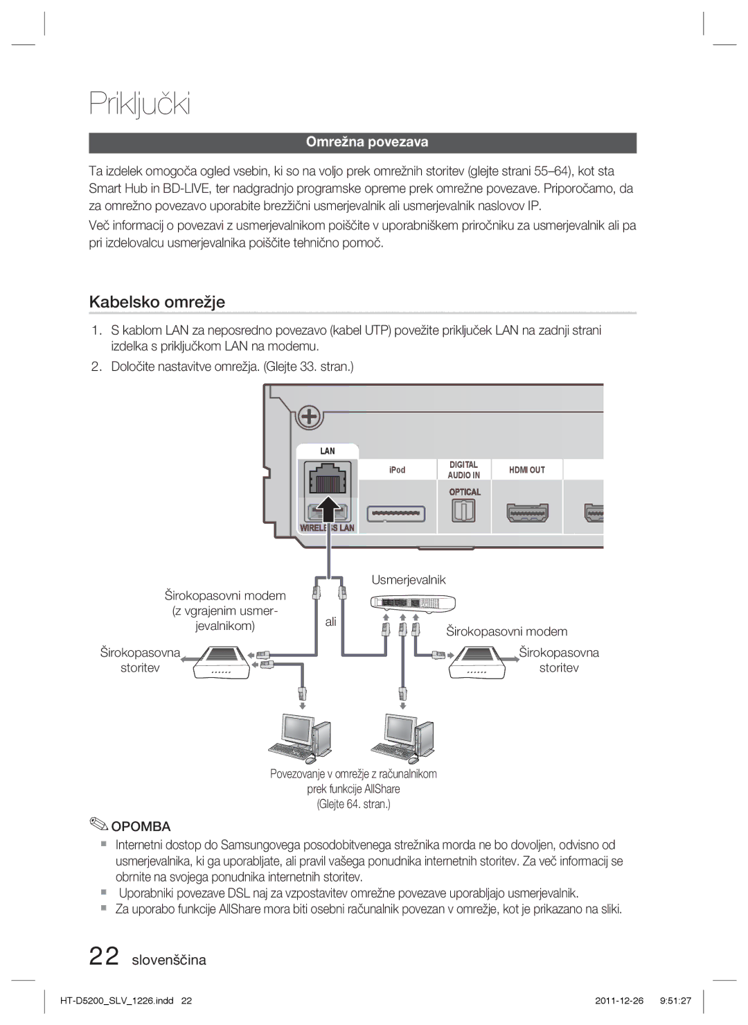 Samsung HT-D5200/EN manual Omrežna povezava, Ali, Širokopasovna Storitev, Širokopasovni modem Vgrajenim usmer, Jevalnikom 