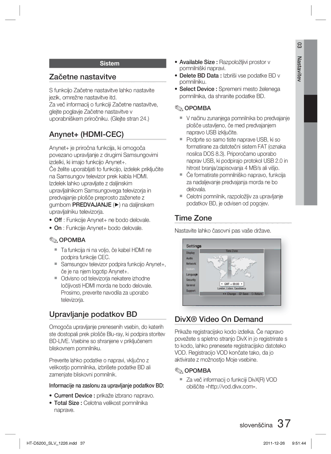 Samsung HT-D5200/EN manual Začetne nastavitve, Upravljanje podatkov BD, Time Zone, Sistem 