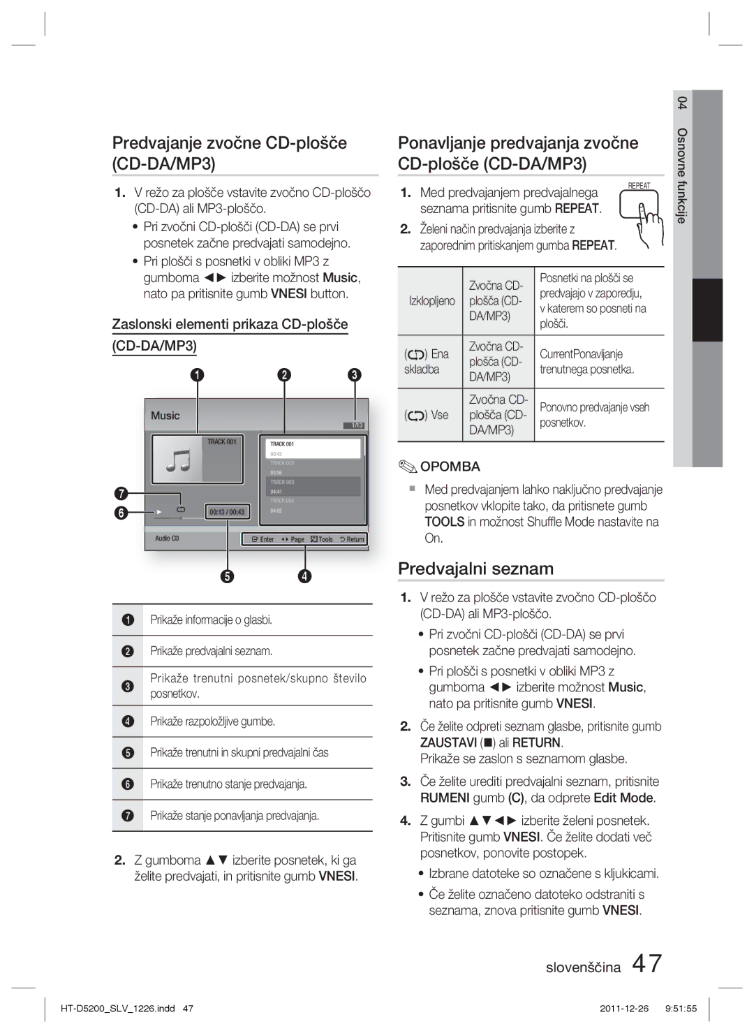 Samsung HT-D5200/EN manual Predvajanje zvočne CD-plošče CD-DA/MP3, Ponavljanje predvajanja zvočne, Predvajalni seznam 