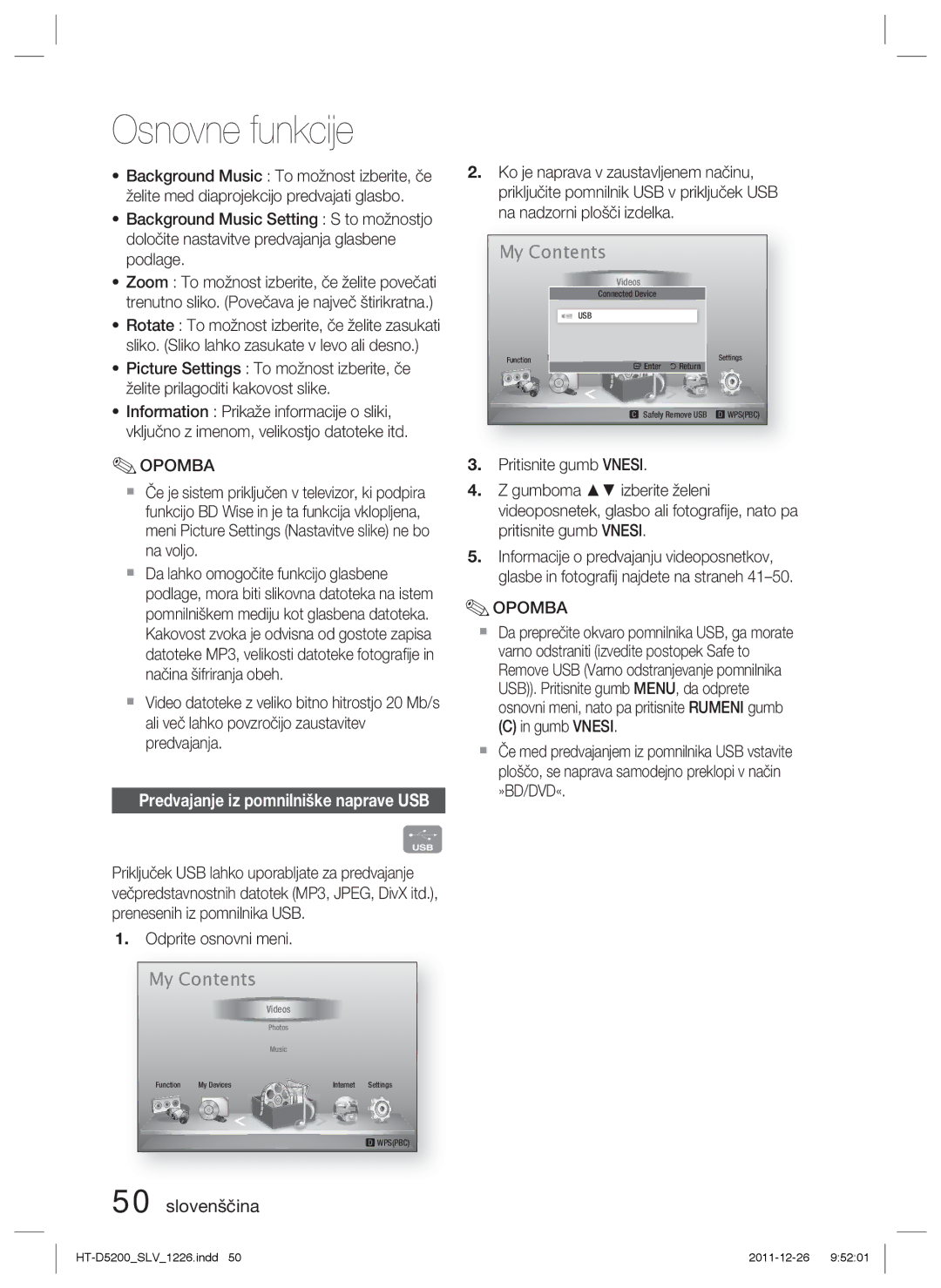 Samsung HT-D5200/EN manual Predvajanje iz pomnilniške naprave USB, Odprite osnovni meni 