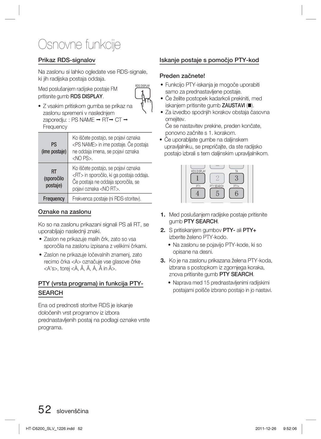 Samsung HT-D5200/EN Prikaz RDS-signalov, Oznake na zaslonu, PTY vrsta programa in funkcija PTY, No PS, Pojavi oznaka no RT 