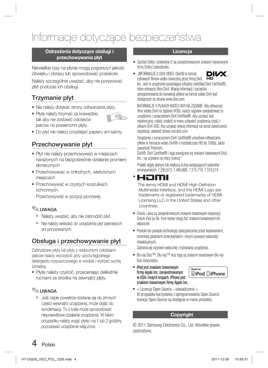 Samsung HT-D5200/EN manual Trzymanie płyt, Przechowywanie płyt, Obsługa i przechowywanie płyt 