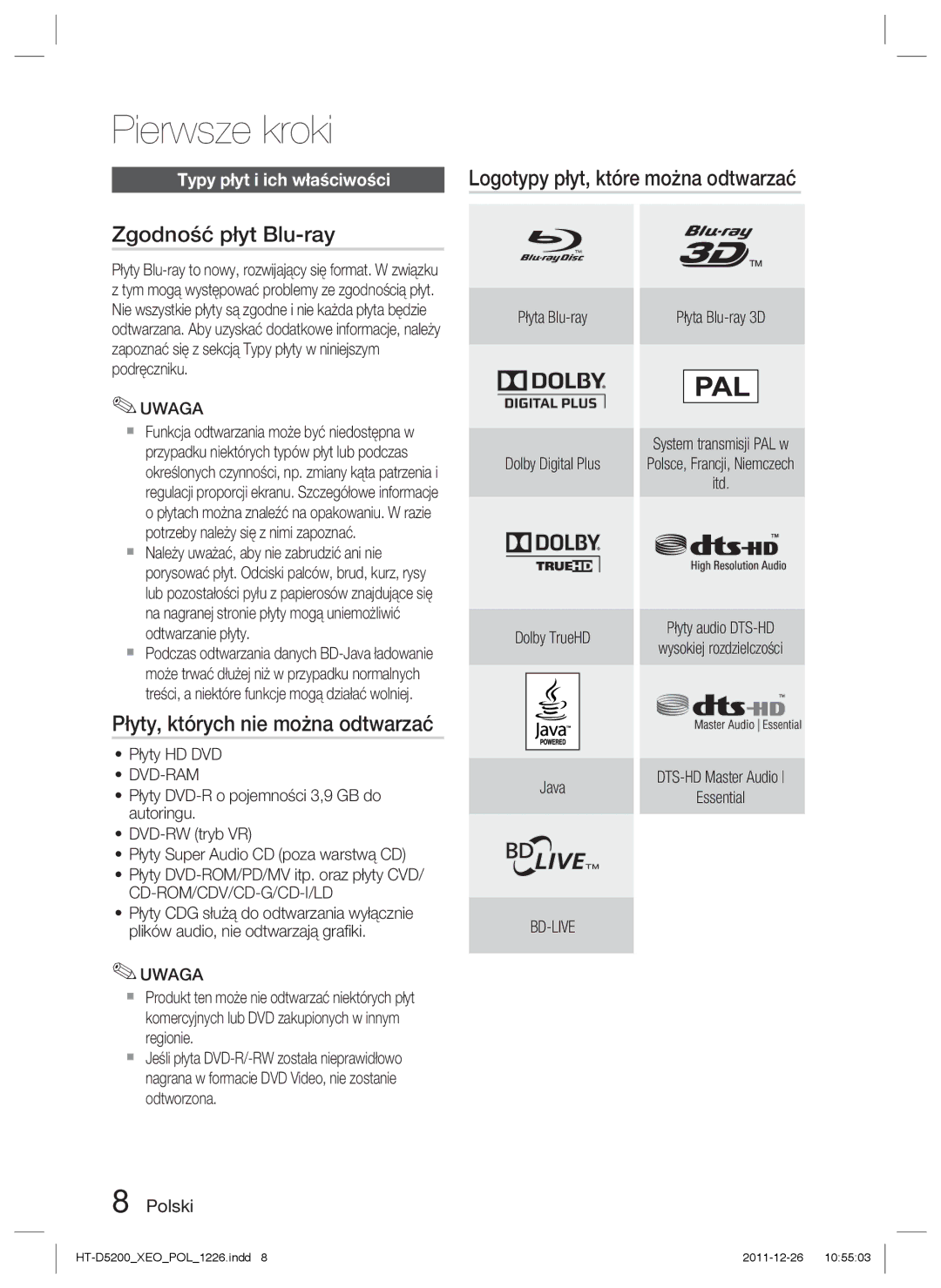 Samsung HT-D5200/EN manual Zgodność płyt Blu-ray, Płyty, których nie można odtwarzać, Logotypy płyt, które można odtwarzać 