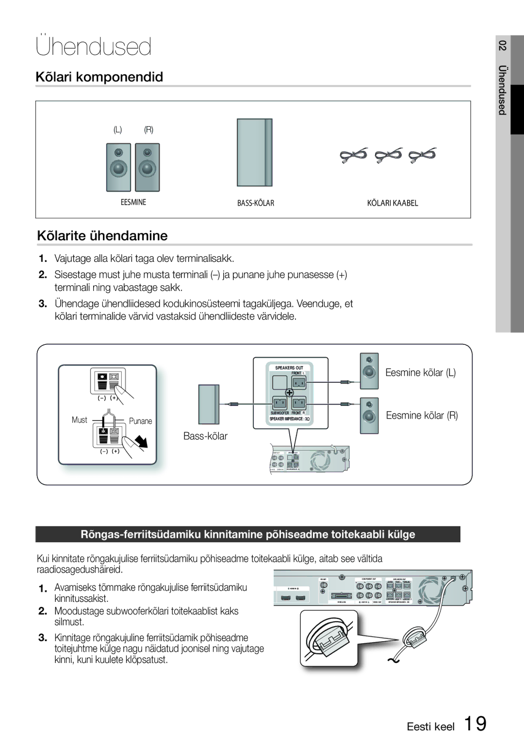 Samsung HT-D5200/EN manual Kõlari komponendid, Kõlarite ühendamine, Bass-kõlar, 02 Ühendused 