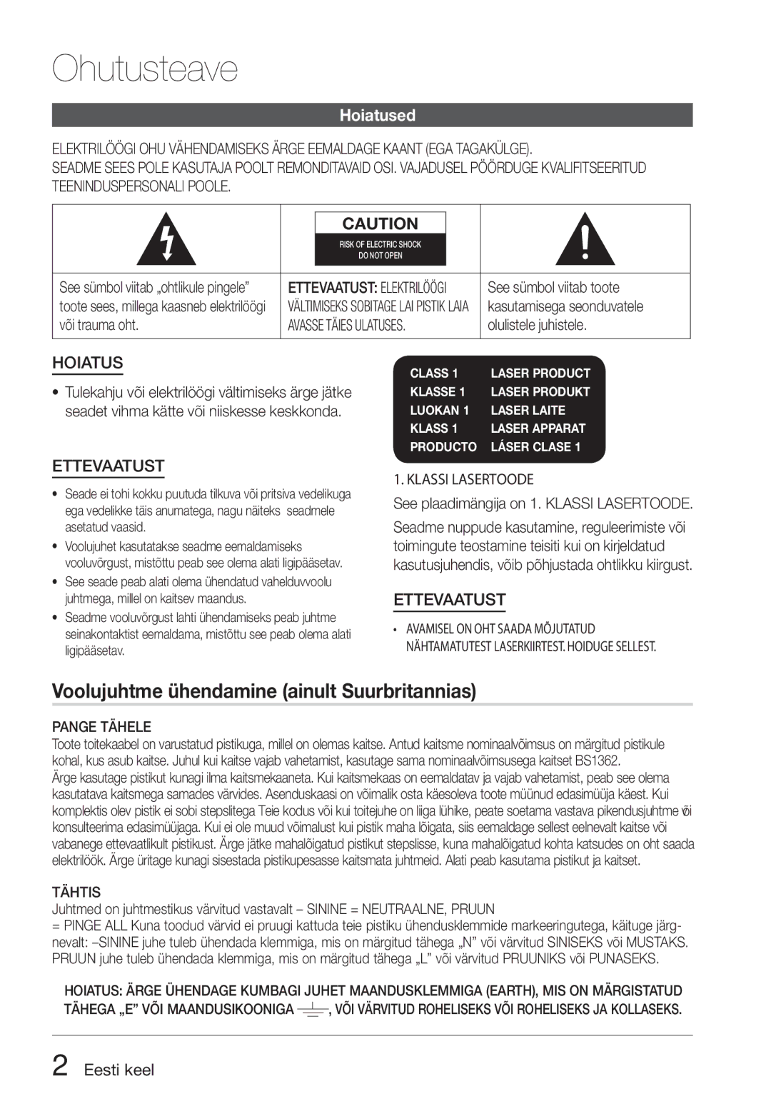 Samsung HT-D5200/EN manual Hoiatused, Eesti keel 