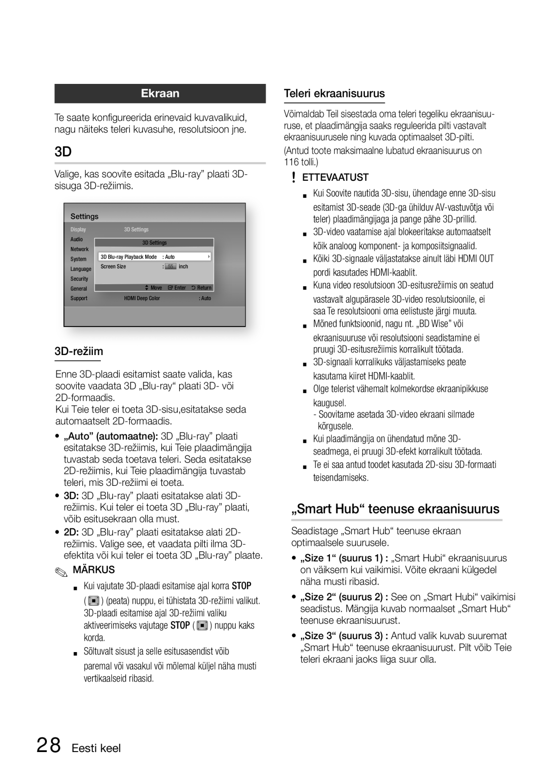 Samsung HT-D5200/EN manual „Smart Hub teenuse ekraanisuurus, Ekraan, 3D-režiim, Teleri ekraanisuurus 