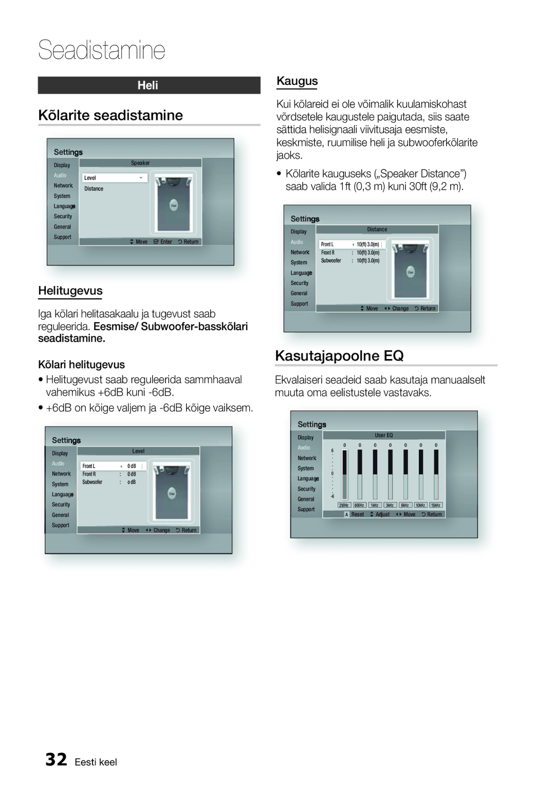Samsung HT-D5200/EN manual Kõlarite seadistamine, Kasutajapoolne EQ, Helitugevus, Kaugus 