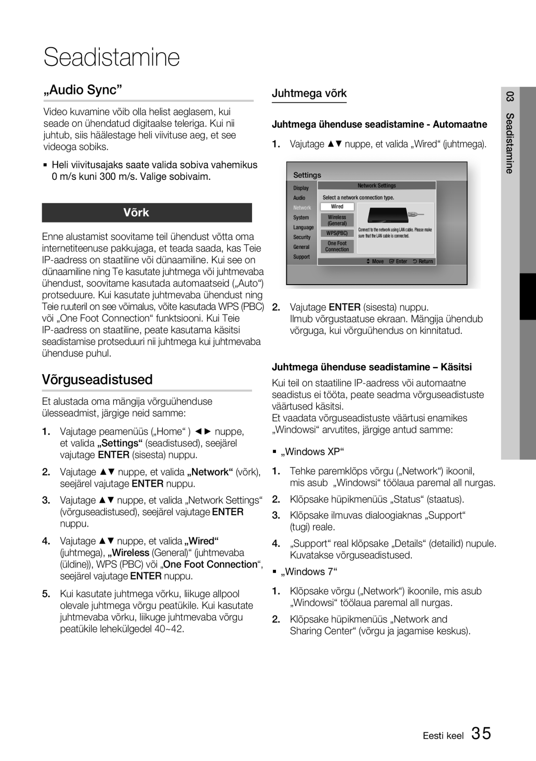 Samsung HT-D5200/EN manual Võrguseadistused, „Audio Sync, Juhtmega võrk, Võrk 