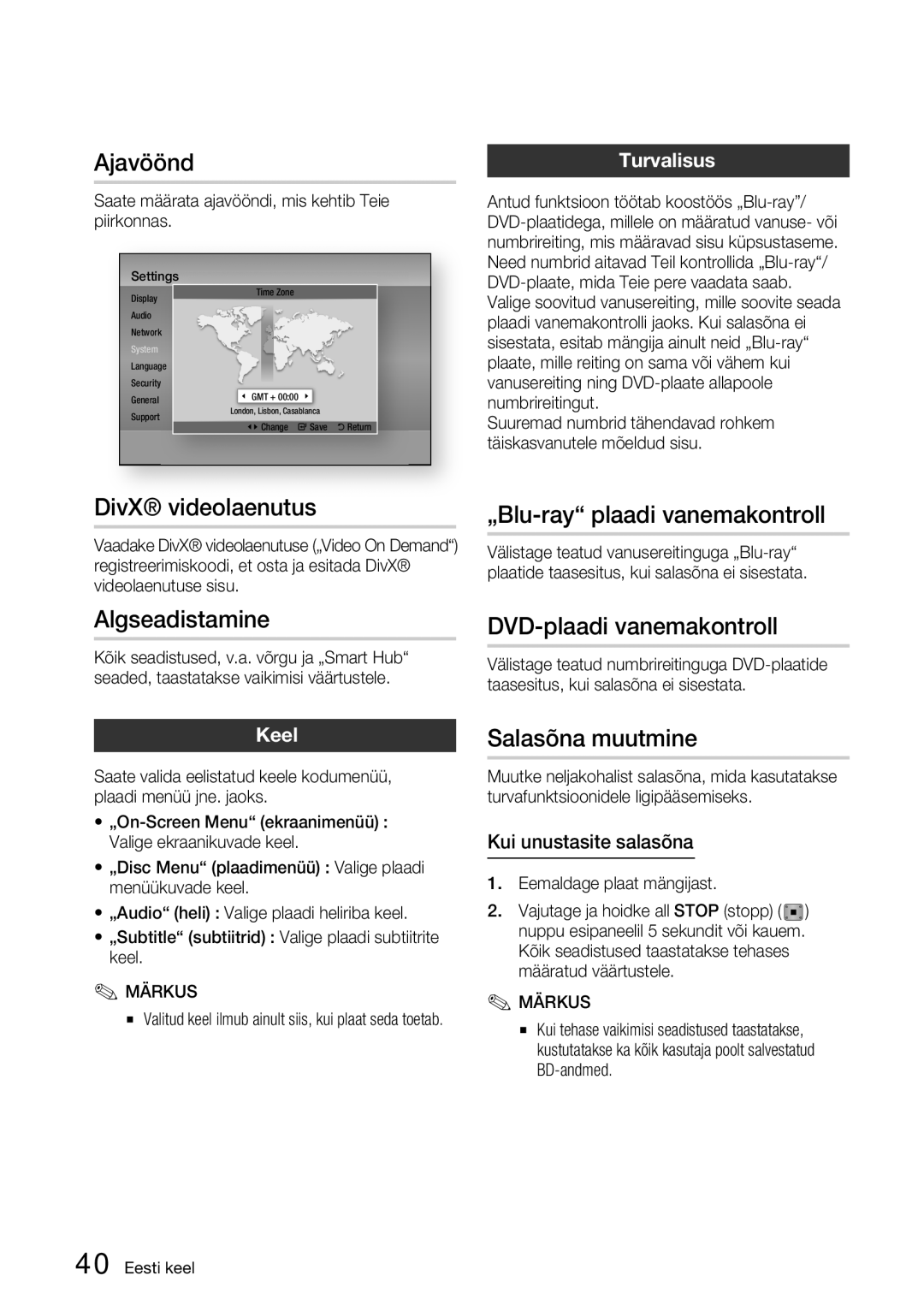 Samsung HT-D5200/EN manual Ajavöönd, DivX videolaenutus, Algseadistamine, „Blu-ray plaadi vanemakontroll, Salasõna muutmine 