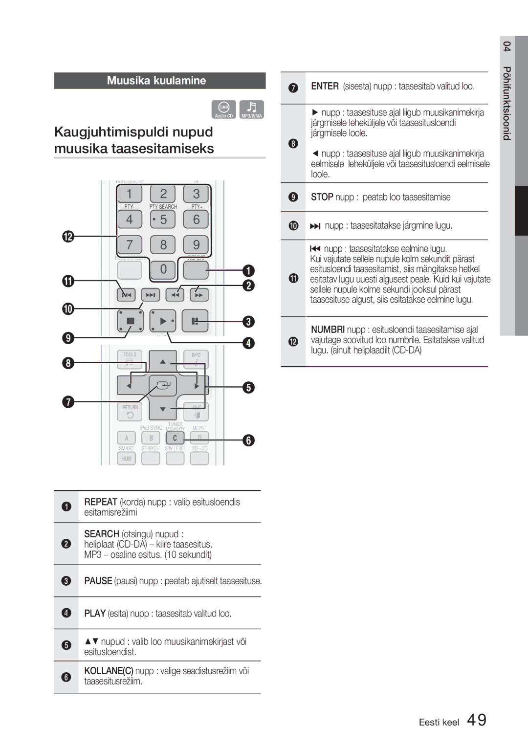 Samsung HT-D5200/EN manual Kaugjuhtimispuldi nupudow muusika taasesitamiseks, Muusika kuulamine, Taasesitusrežiim 