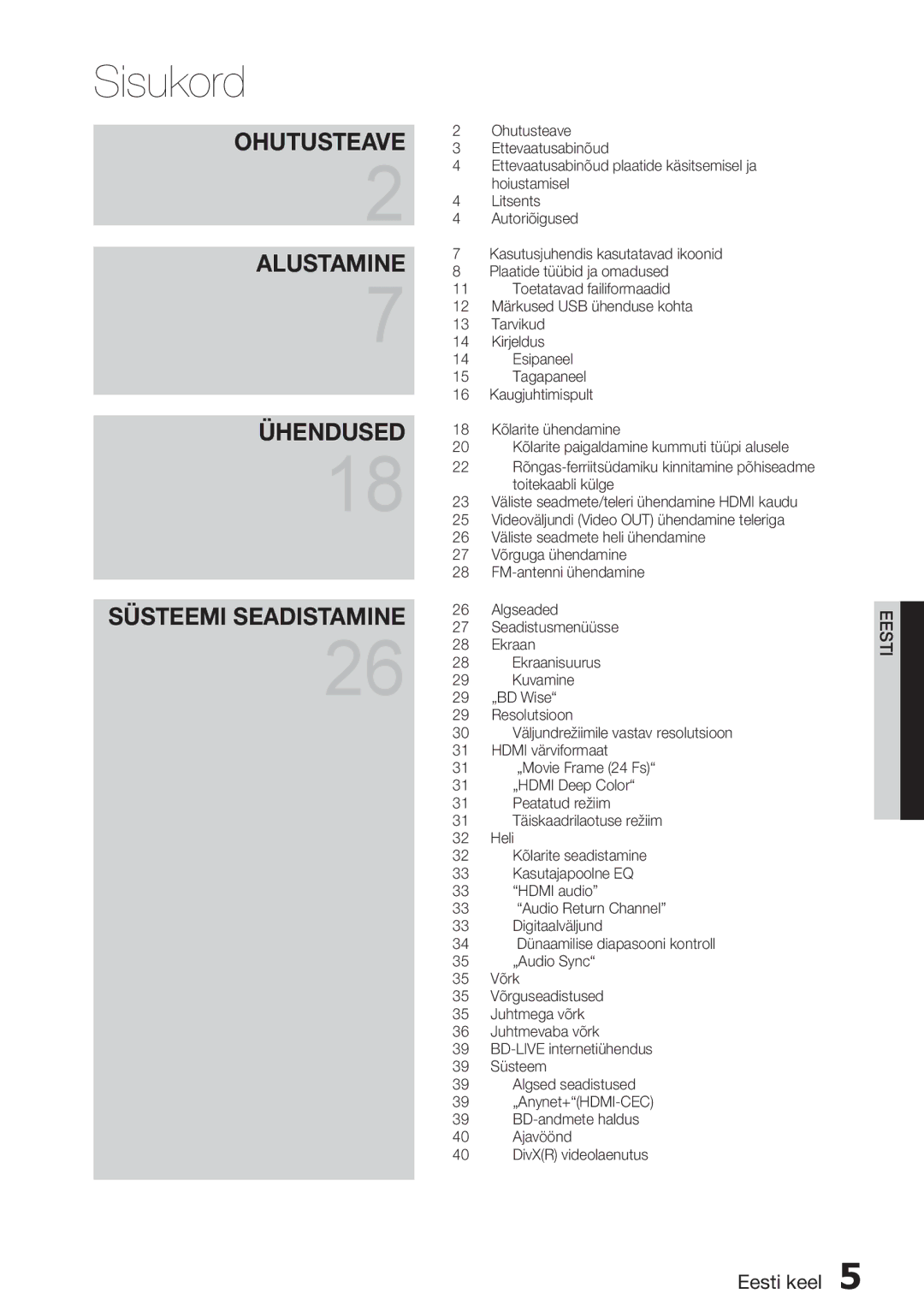 Samsung HT-D5200/EN manual Sisukord 