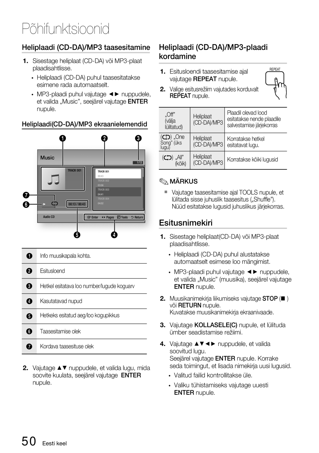 Samsung HT-D5200/EN manual Esitusnimekiri, Heliplaadi CD-DA/MP3-plaadi kordamine, HeliplaadiCD-DA/MP3 ekraanielemendid 