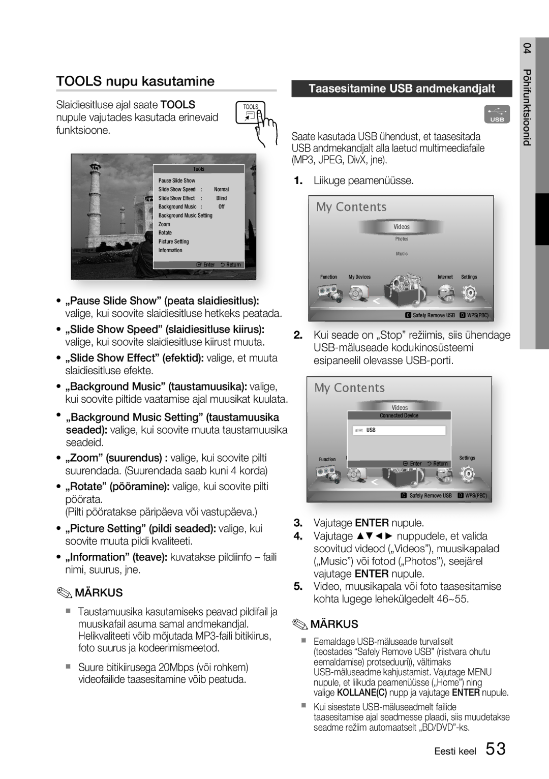 Samsung HT-D5200/EN manual Tools nupu kasutamine, Taasesitamine USB andmekandjalt 