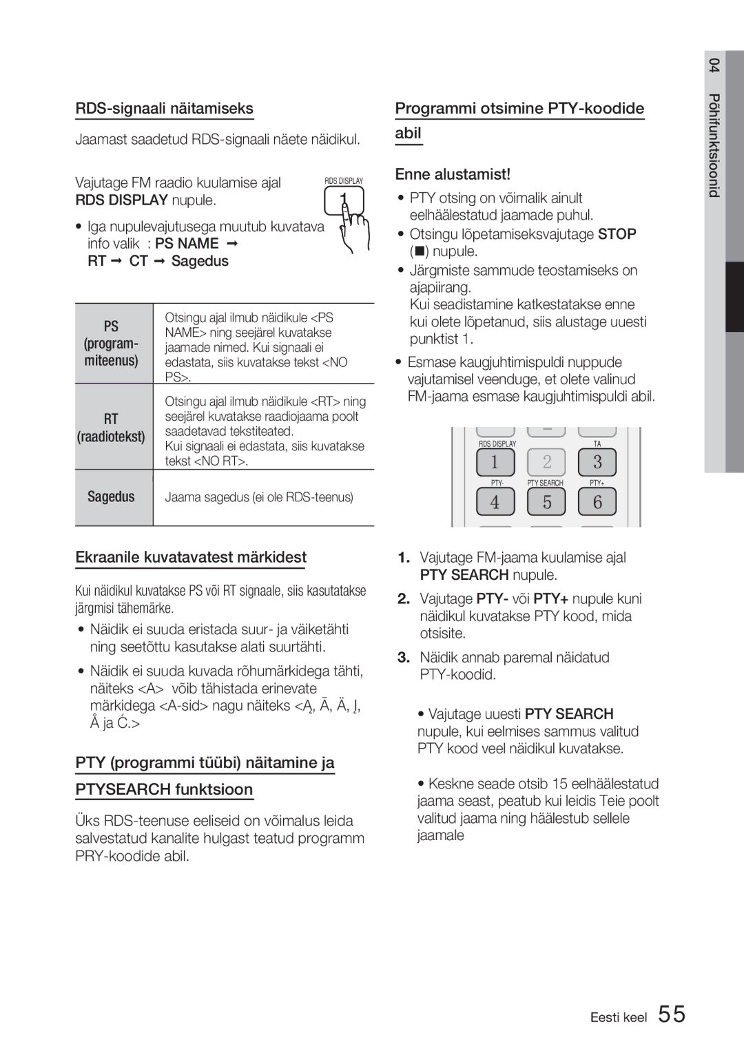 Samsung HT-D5200/EN manual RDS-signaali näitamiseks, Ekraanile kuvatavatest märkidest, Programmi otsimine PTY-koodide 