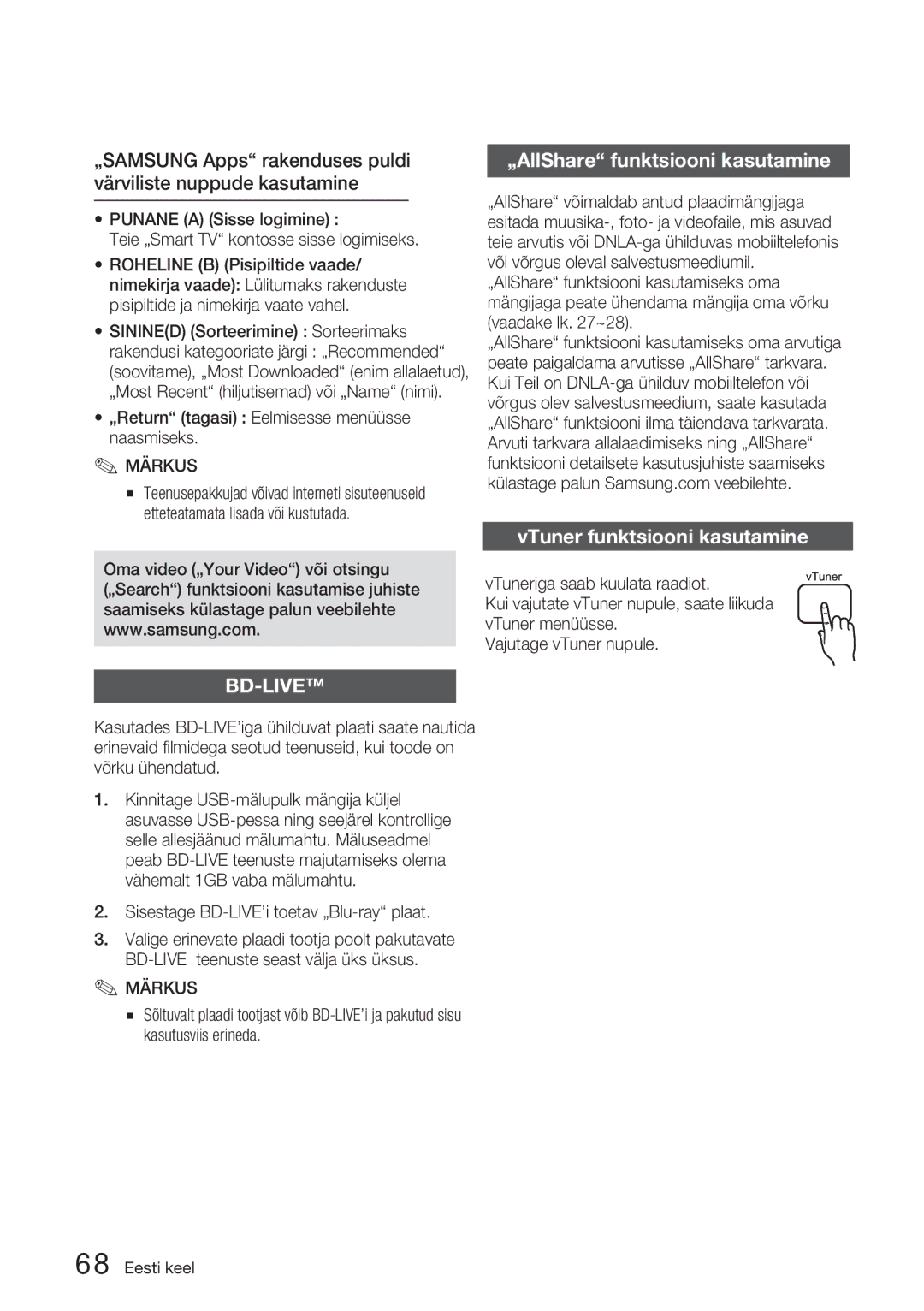 Samsung HT-D5200/EN manual „AllShare funktsiooni kasutamine, VTuner funktsiooni kasutamine 