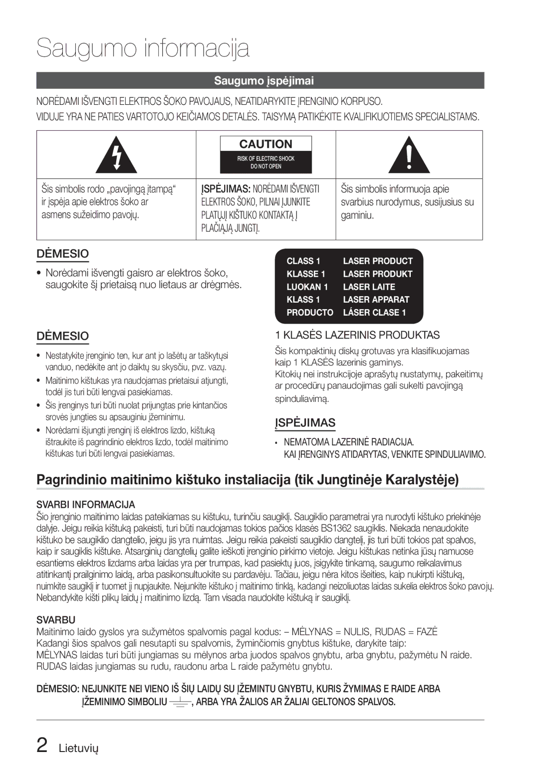 Samsung HT-D5200/EN manual Saugumo įspėjimai, Lietuvių 