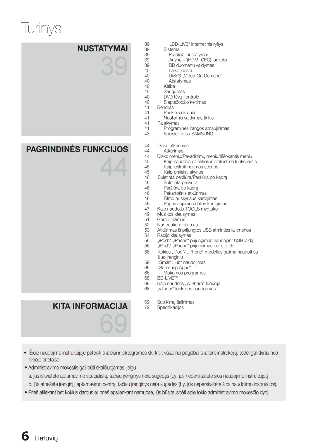 Samsung HT-D5200/EN manual Nustatymai Pagrindinės Funkcijos Kita Informacija 