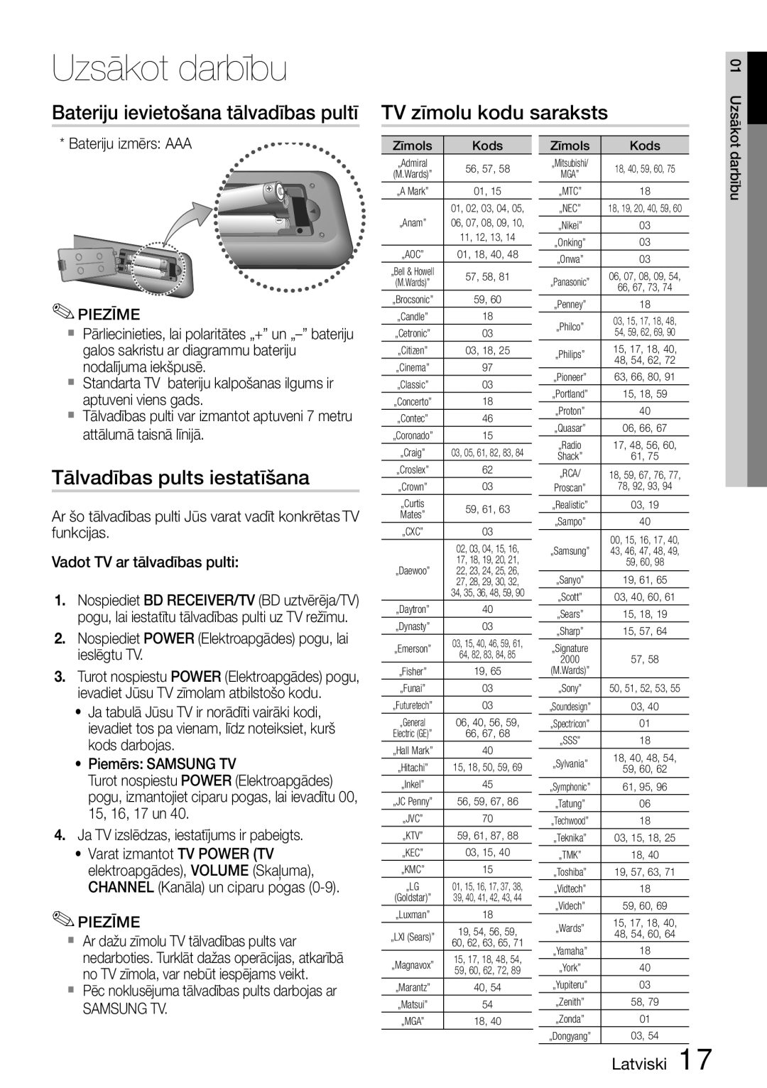 Samsung HT-D5200/EN manual Tālvadības pults iestatīšana, Bateriju izmērs AAA, Samsung TV 