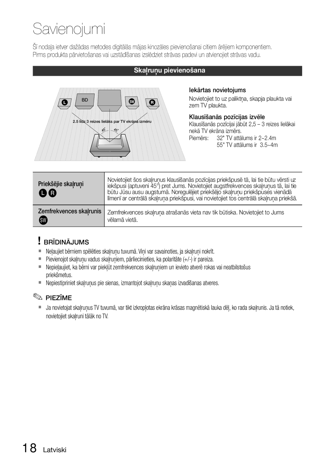 Samsung HT-D5200/EN manual Skaļruņu pievienošana, Priekšējie skaļruņi, Vēlamā vietā, Zemfrekvences skaļrunis 