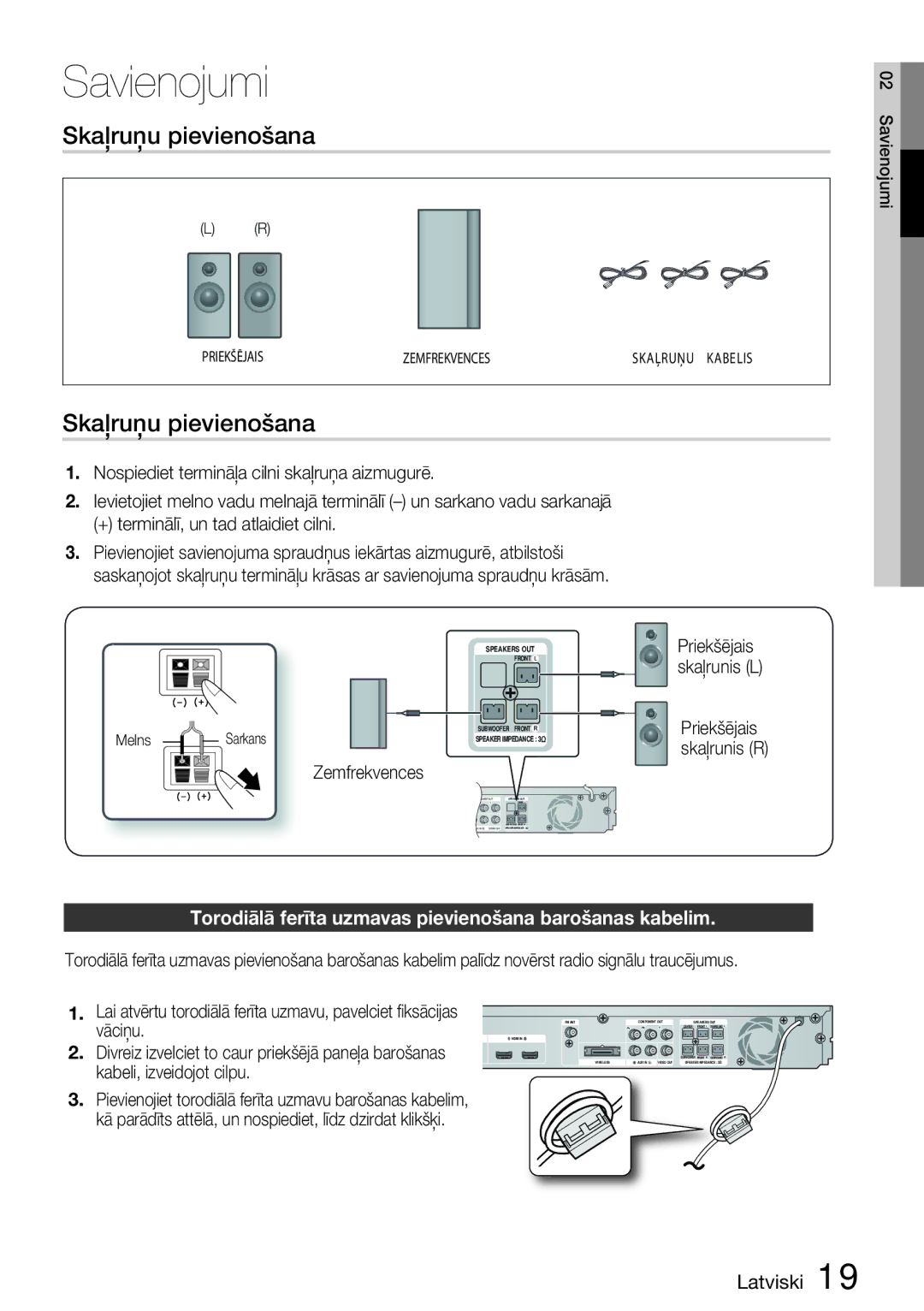 Samsung HT-D5200/EN manual Skaļruņu pievienošana, Torodiālā ferīta uzmavas pievienošana barošanas kabelim, Priekšējais 