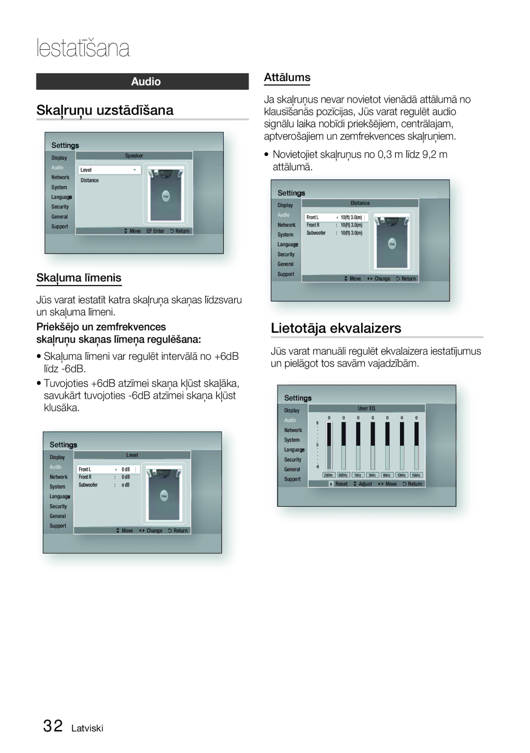 Samsung HT-D5200/EN manual Skaļruņu uzstādīšana, Lietotāja ekvalaizers, Audio, Skaļuma līmenis, Attālums 