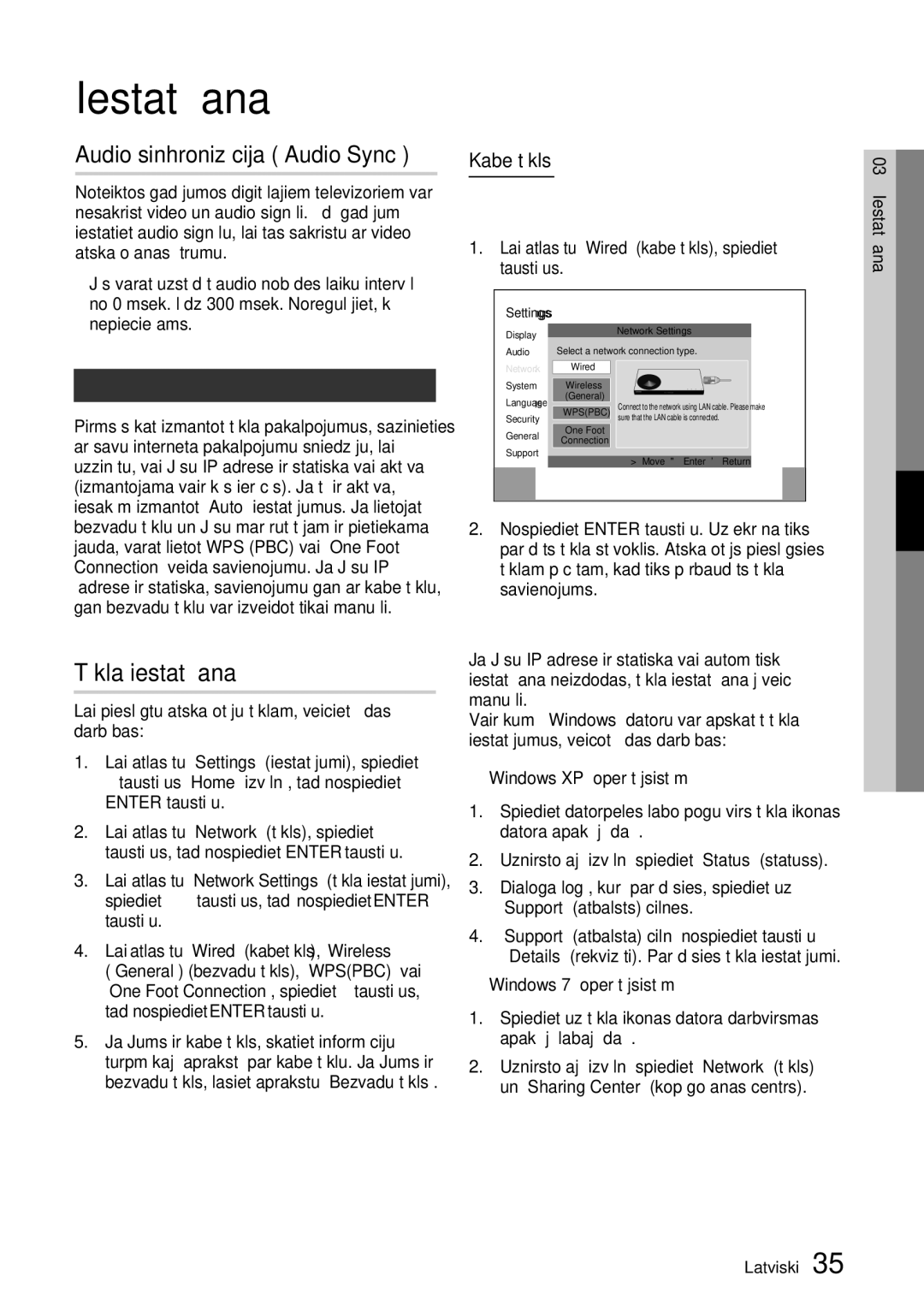 Samsung HT-D5200/EN manual Tīkla iestatīšana, Audio sinhronizācija „Audio Sync, Tīkla pakalpojumi, Kabeļtīkls 