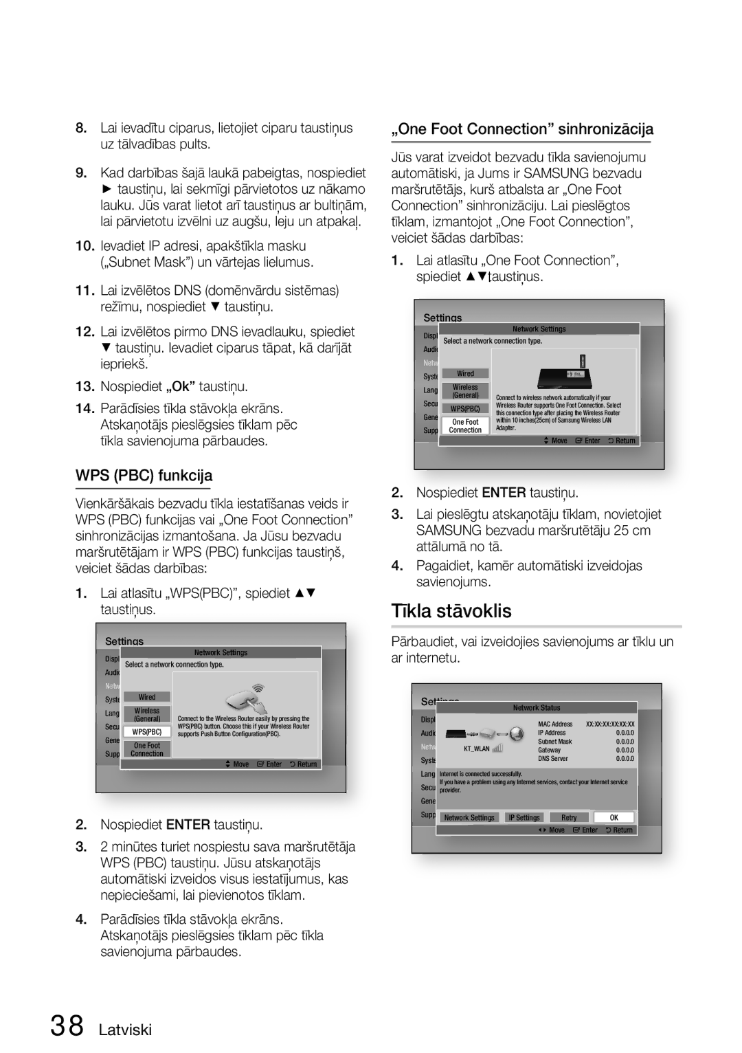 Samsung HT-D5200/EN manual Tīkla stāvoklis, WPS PBC funkcija, „One Foot Connection sinhronizācija 