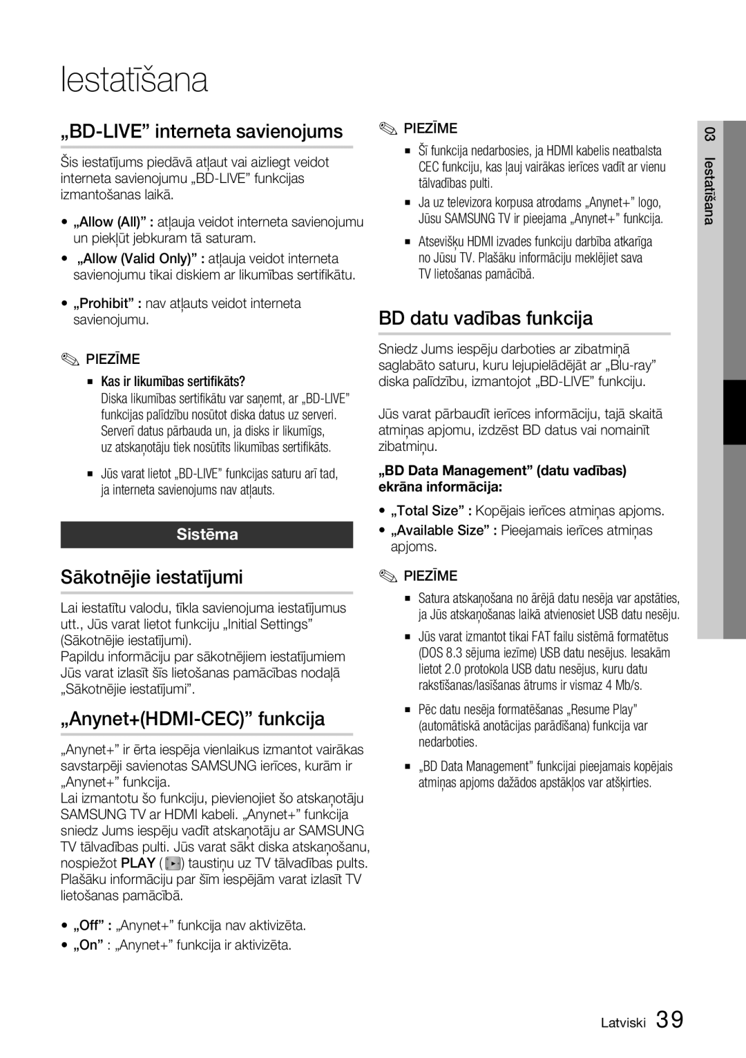 Samsung HT-D5200/EN manual „BD-LIVE interneta savienojums, Sākotnējie iestatījumi, „Anynet+HDMI-CEC funkcija, Sistēma 