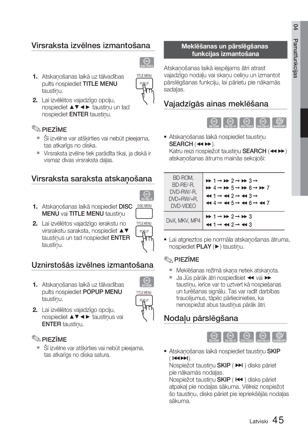 Samsung HT-D5200/EN Virsraksta izvēlnes izmantošana, Virsraksta saraksta atskaņošana, Uznirstošās izvēlnes izmantošana 