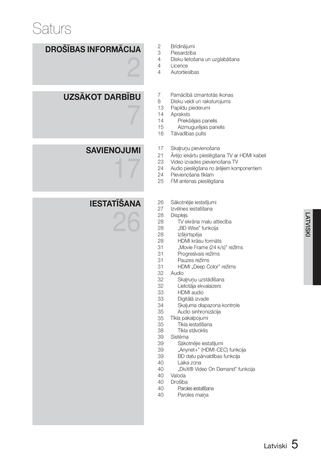 Samsung HT-D5200/EN manual Saturs 