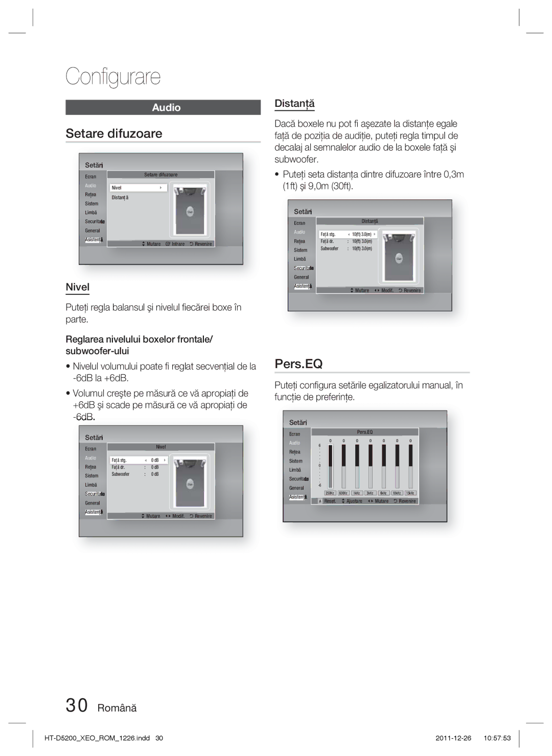 Samsung HT-D5200/EN manual Setare difuzoare, Pers.EQ, Audio, Nivel, 30 Română Distanţă 