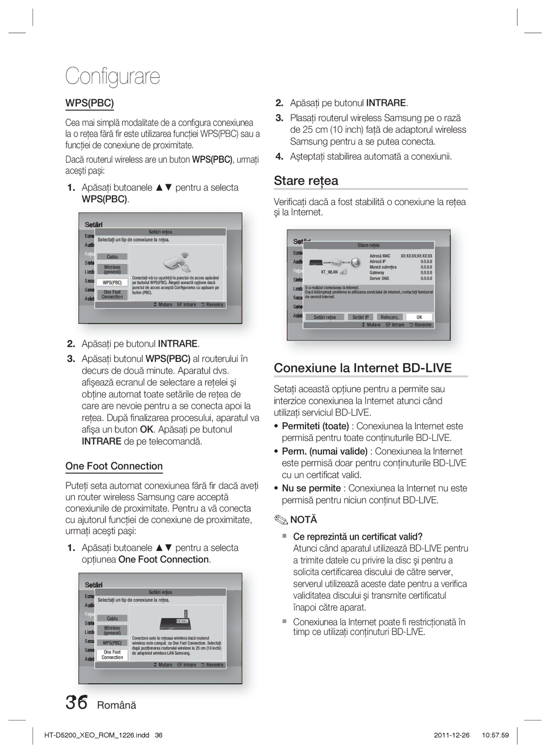 Samsung HT-D5200/EN manual Stare reţea, Conexiune la Internet BD-LIVE, 36 Română, Apăsaţi pe butonul Intrare 