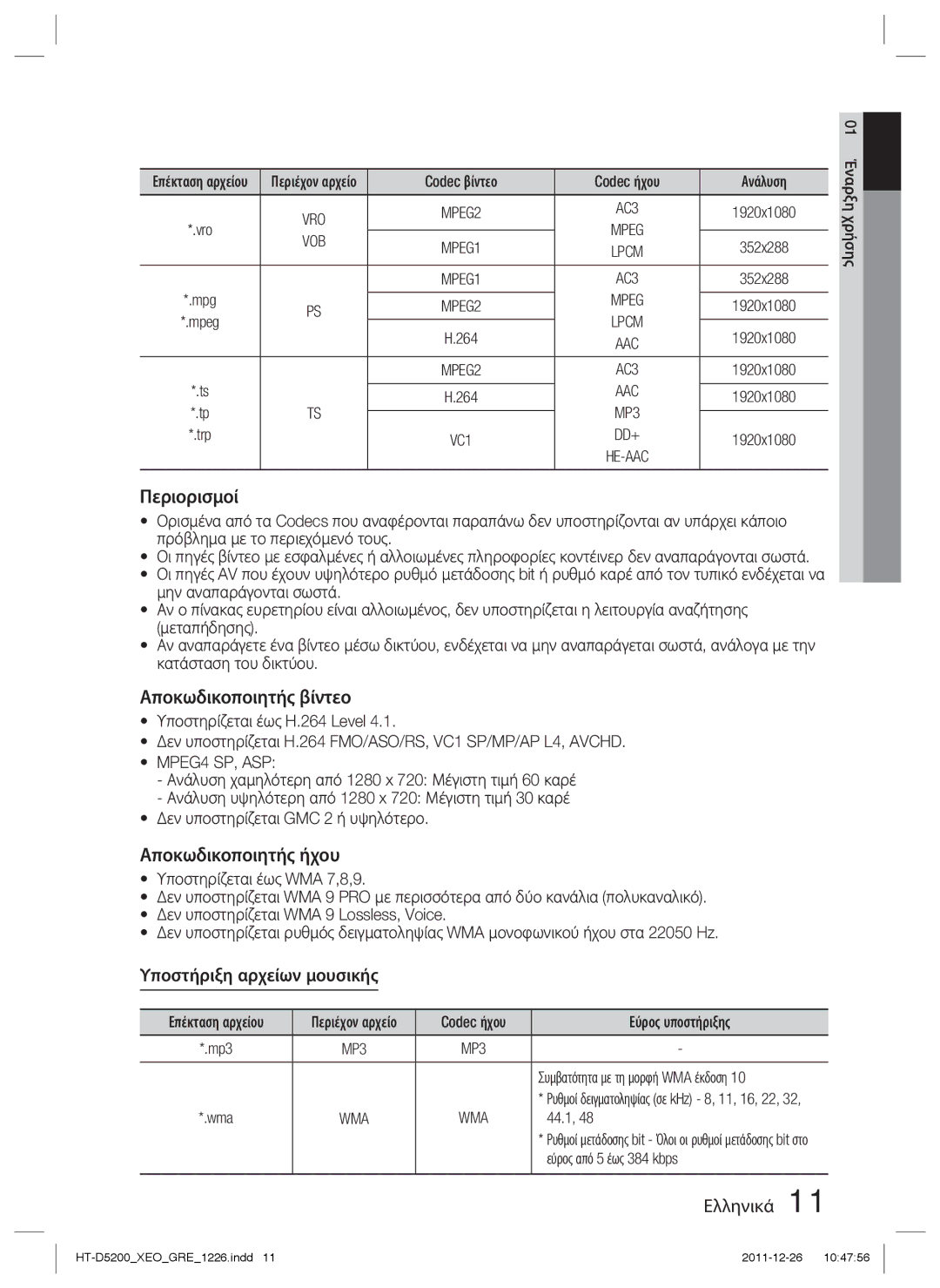 Samsung HT-D5200/EN manual Περιορισμοί, Αποκωδικοποιητής βίντεο, Αποκωδικοποιητής ήχου, Υποστήριξη αρχείων μουσικής 