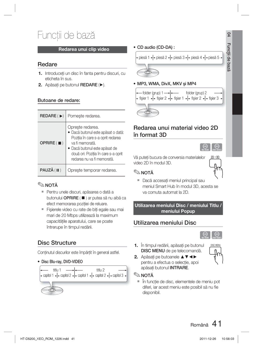 Samsung HT-D5200/EN manual Funcţii de bază, Disc Structure, Redarea unui material video 2D în format 3D 