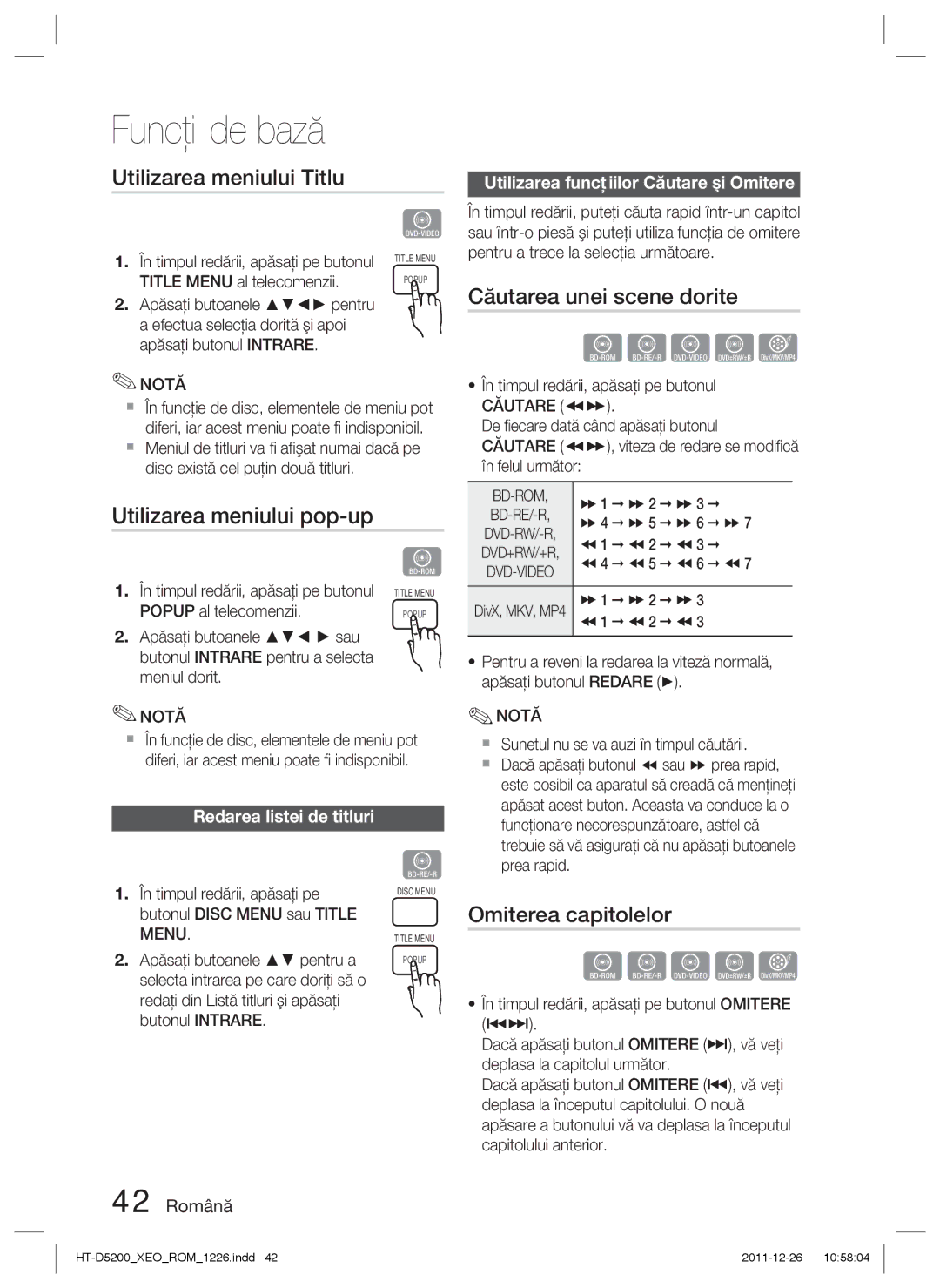 Samsung HT-D5200/EN manual Utilizarea meniului Titlu, Căutarea unei scene dorite, Utilizarea meniului pop-up 