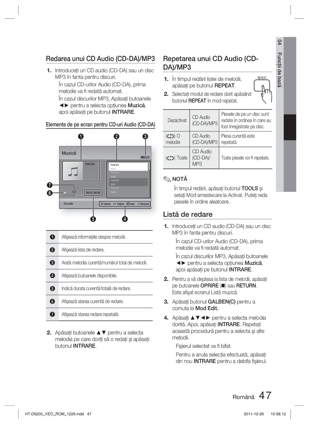 Samsung HT-D5200/EN manual Repetarea unui CD Audio CD- DA/MP3, Listă de redare, MP3 Notă 