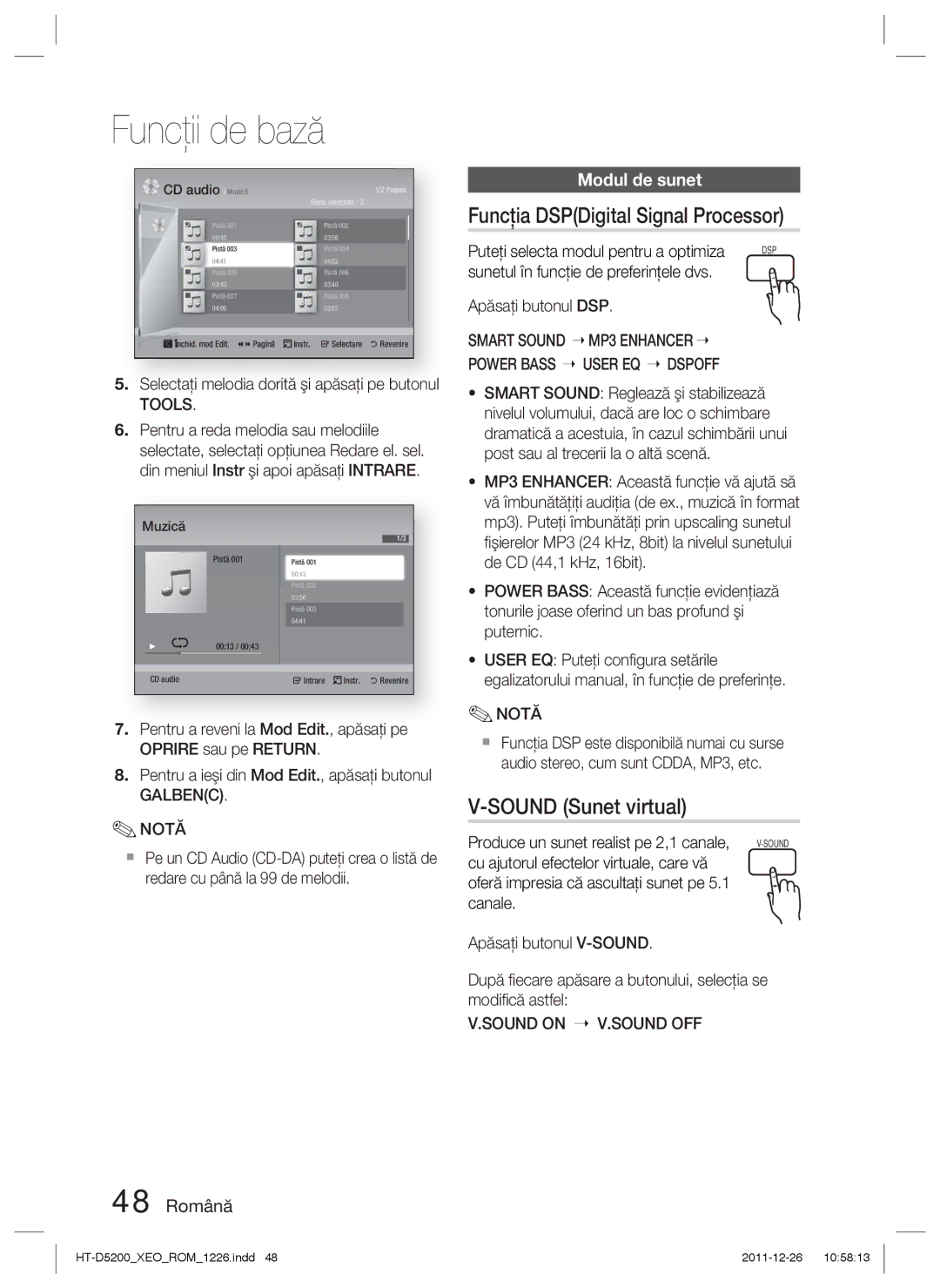 Samsung HT-D5200/EN manual Funcţia DSPDigital Signal Processor, Sound Sunet virtual, Modul de sunet, 48 Română 