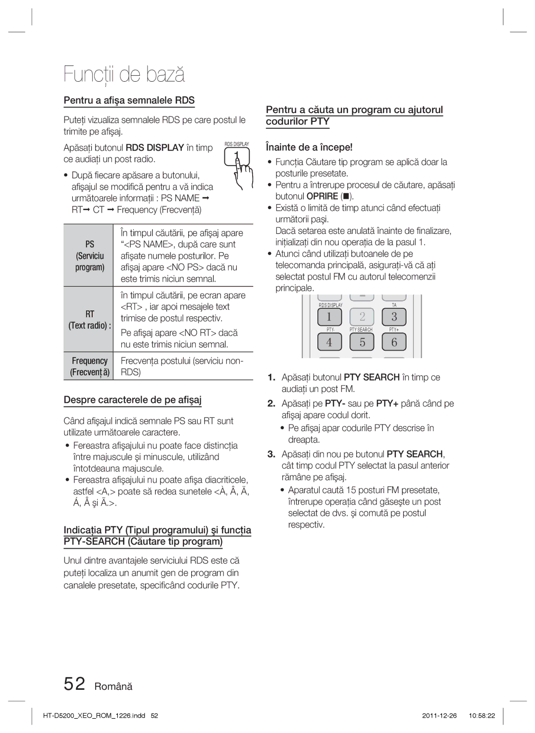 Samsung HT-D5200/EN manual Pentru a aﬁşa semnalele RDS, Despre caracterele de pe aﬁşaj, Rt Ct, Rds 