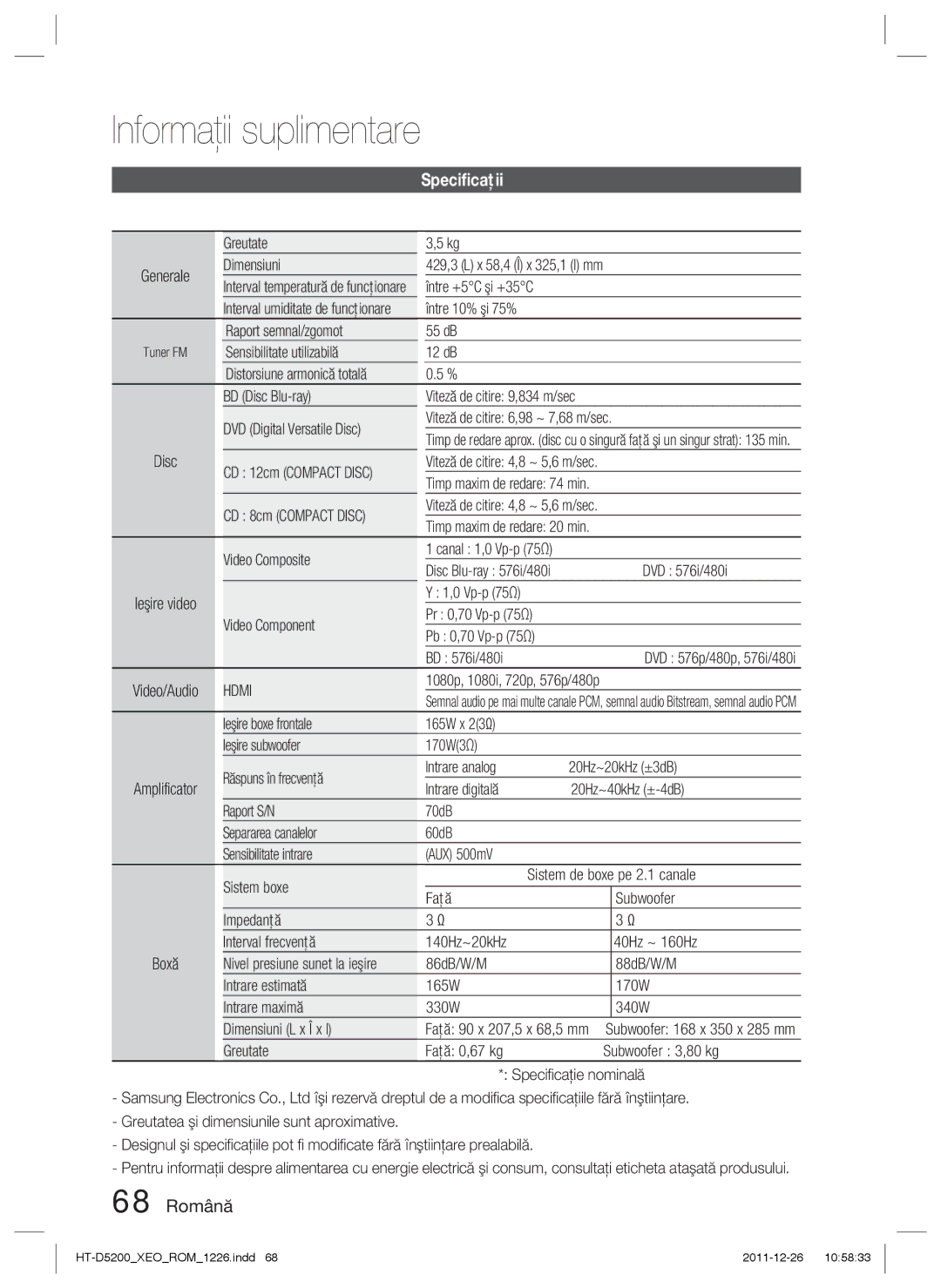 Samsung HT-D5200/EN manual Speciﬁcaţii, 68 Română, Generale, Disc Ieşire video Video/Audio Amplificator 