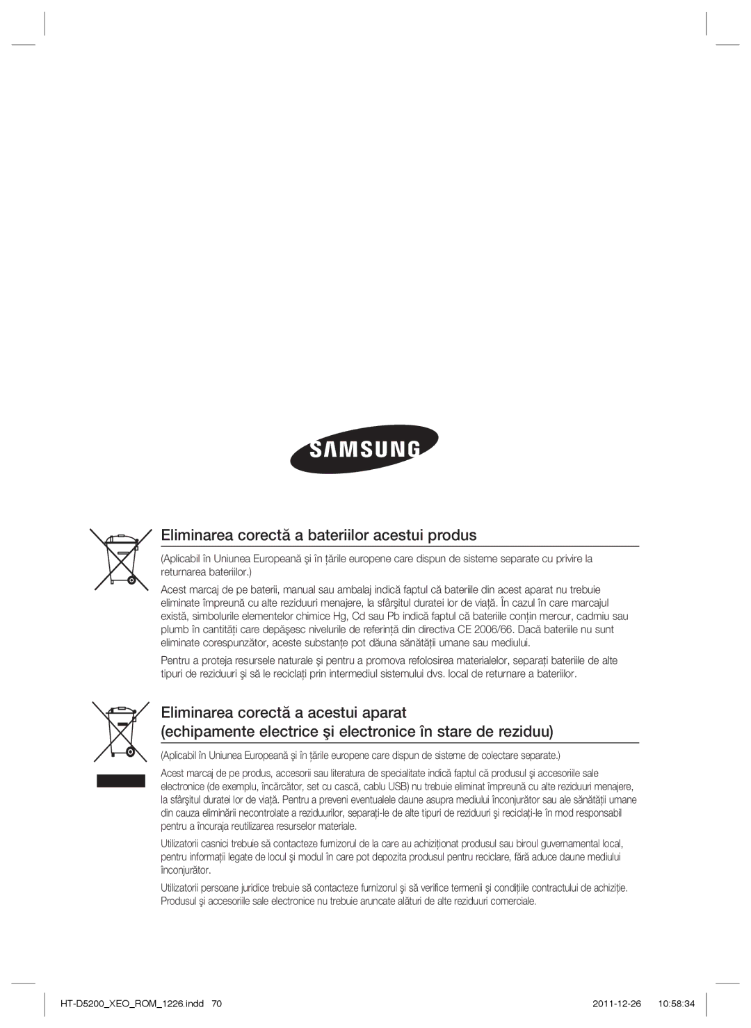 Samsung HT-D5200/EN manual Eliminarea corectă a bateriilor acestui produs 