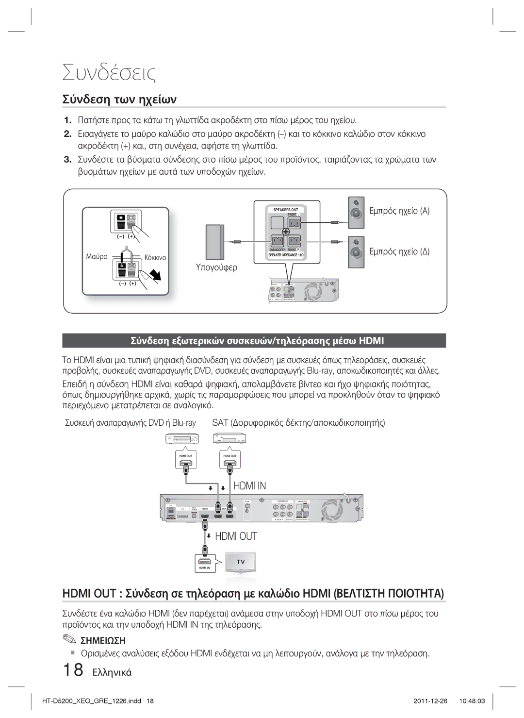 Samsung HT-D5200/EN manual Σύνδεση των ηχείων, Σύνδεση εξωτερικών συσκευών/τηλεόρασης μέσω Hdmi, 18 Ελληνικά, Υπογούφερ 