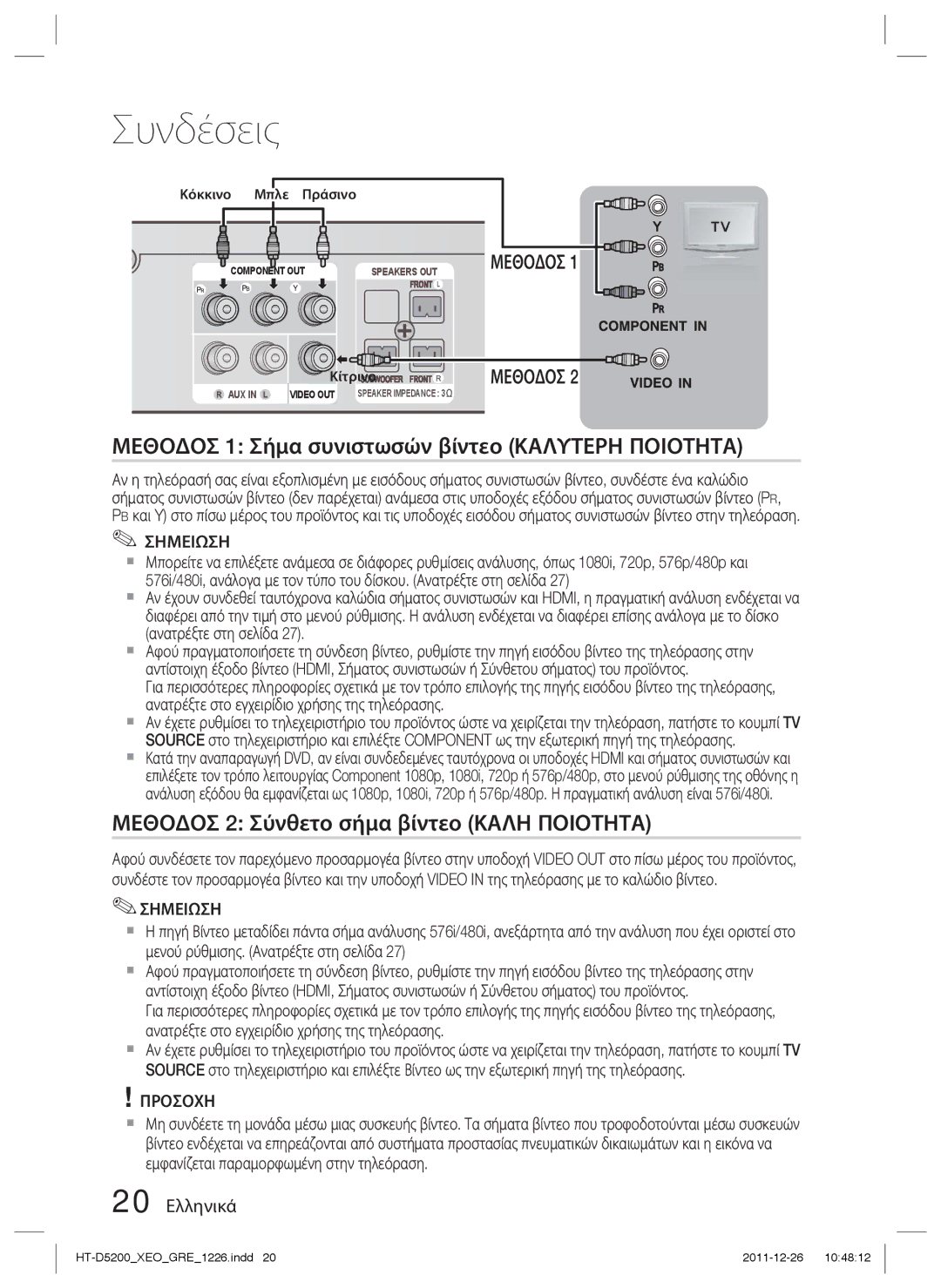 Samsung HT-D5200/EN manual Μεθοδοσ 1 Σήμα συνιστωσών βίντεο Καλυτερη Ποιοτητα, Μεθοδοσ 2 Σύνθετο σήμα βίντεο Καλη Ποιοτητα 