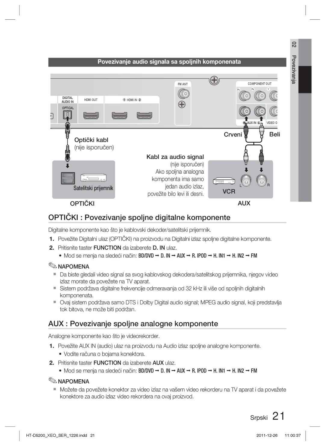 Samsung HT-D5200/EN manual Optički Povezivanje spoljne digitalne komponente, AUX Povezivanje spoljne analogne komponente 